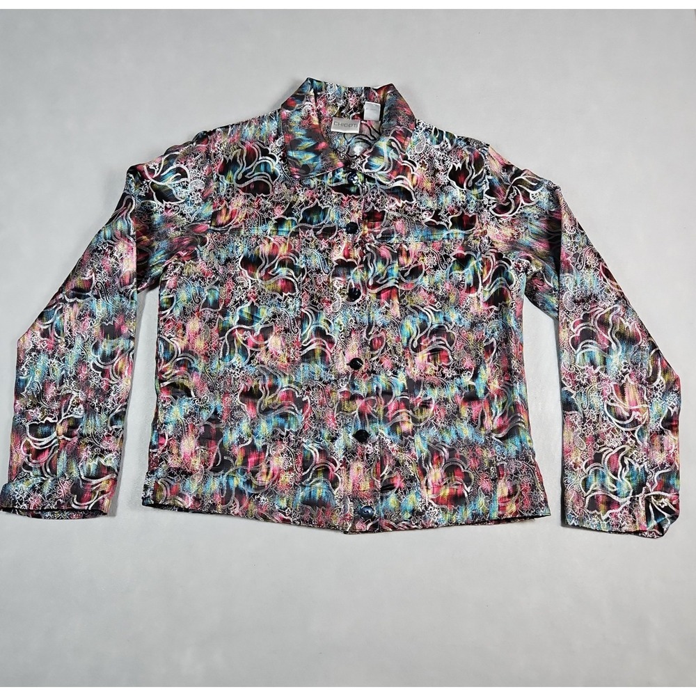 Chicos Womens Multicolor Metallic Abstract Floral Blazer Size 0 (Small)